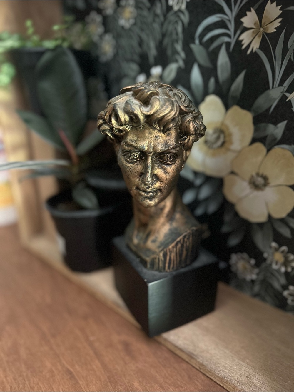 VTG Antiqued Gold David Bust Sculpture on Black Base signed by A. Santini